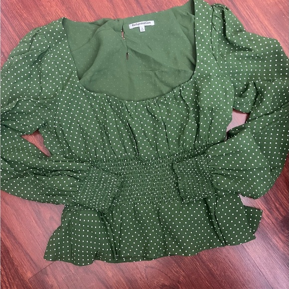 Reformation Olive Polka Dot Smocked Blouse - Picture 3 of 5